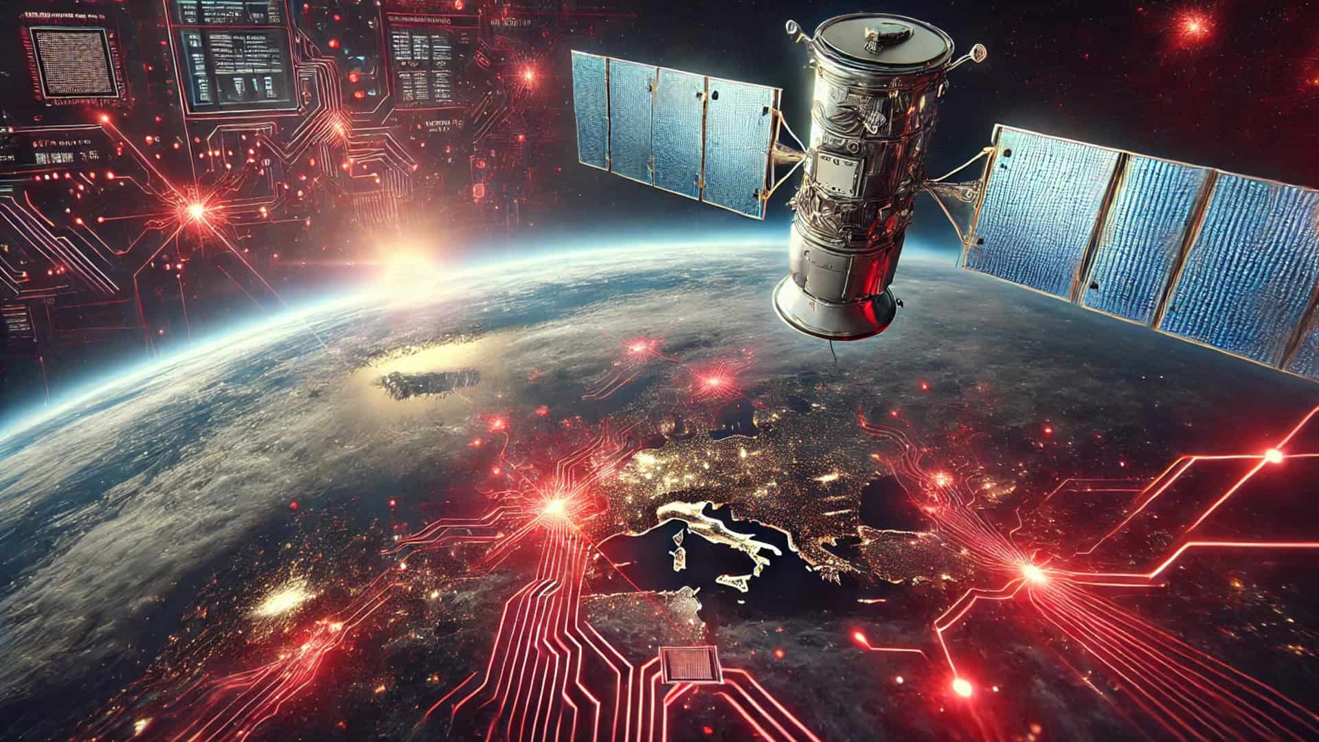 ilustração de um satélite geoestacionário sendo hackeado