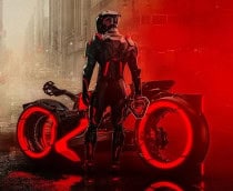 homem com roupa preta em frente a uma moto preta e vermelha, cena do filme Tron: Ares