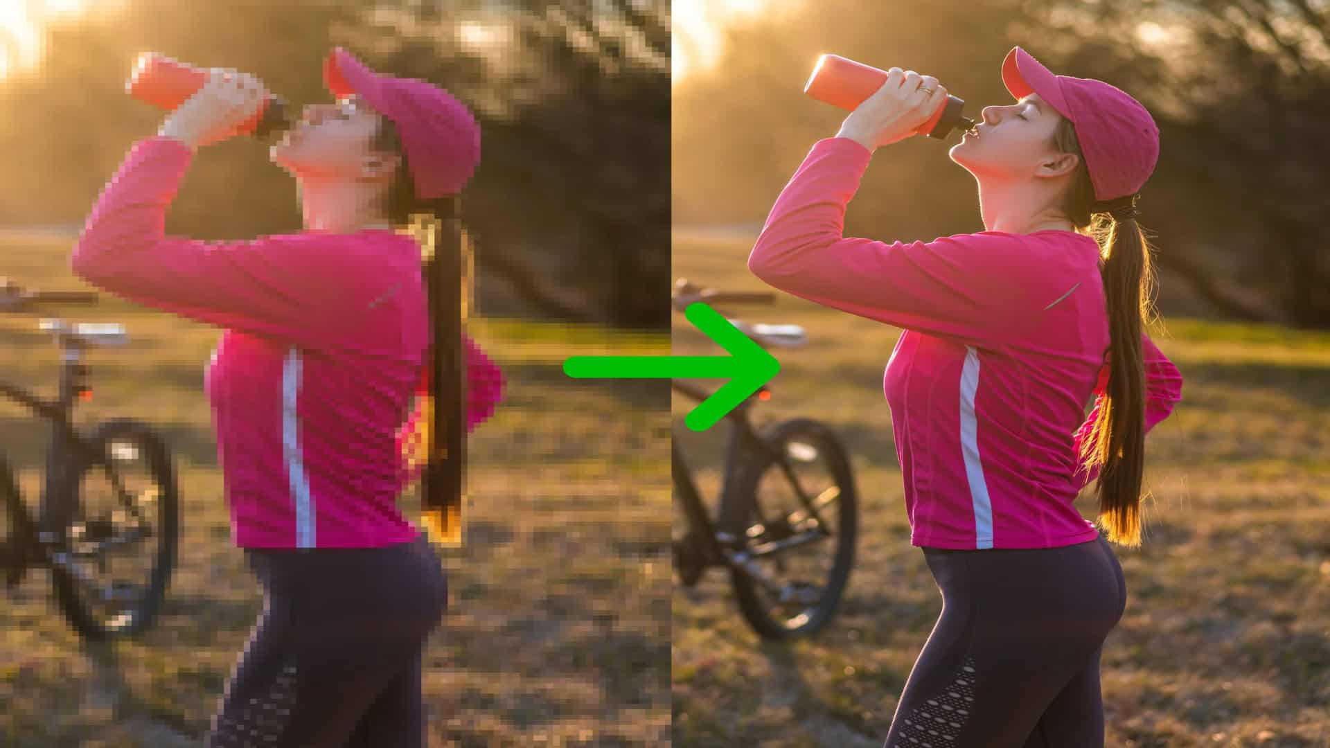 Imagem mostra conceito de tecnologia de ampliação de imagem de IA - imagem pixelada de uma mulher à esquerda e a versão aprimorada (restaurada) à direita