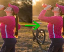 Imagem mostra conceito de tecnologia de ampliação de imagem de IA - imagem pixelada de uma mulher à esquerda e a versão aprimorada (restaurada) à direita