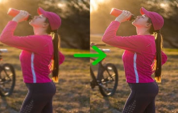 Imagem mostra conceito de tecnologia de ampliação de imagem de IA - imagem pixelada de uma mulher à esquerda e a versão aprimorada (restaurada) à direita