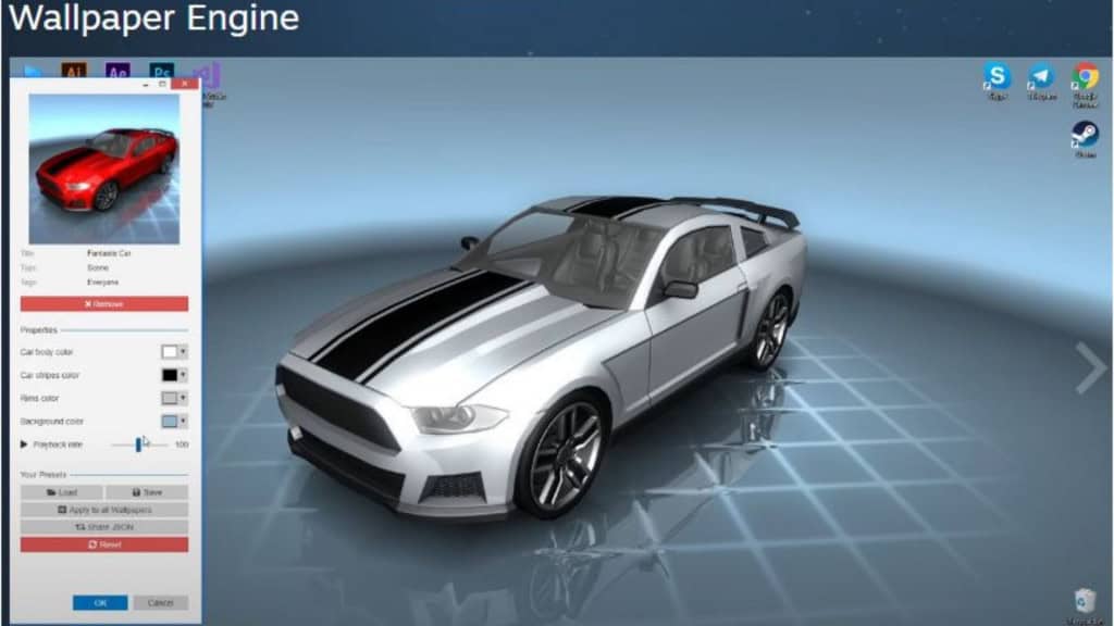 Tela de computador exibe um carro esportivo prateado com faixas pretas sobre fundo azul, personalizável por painel lateral.