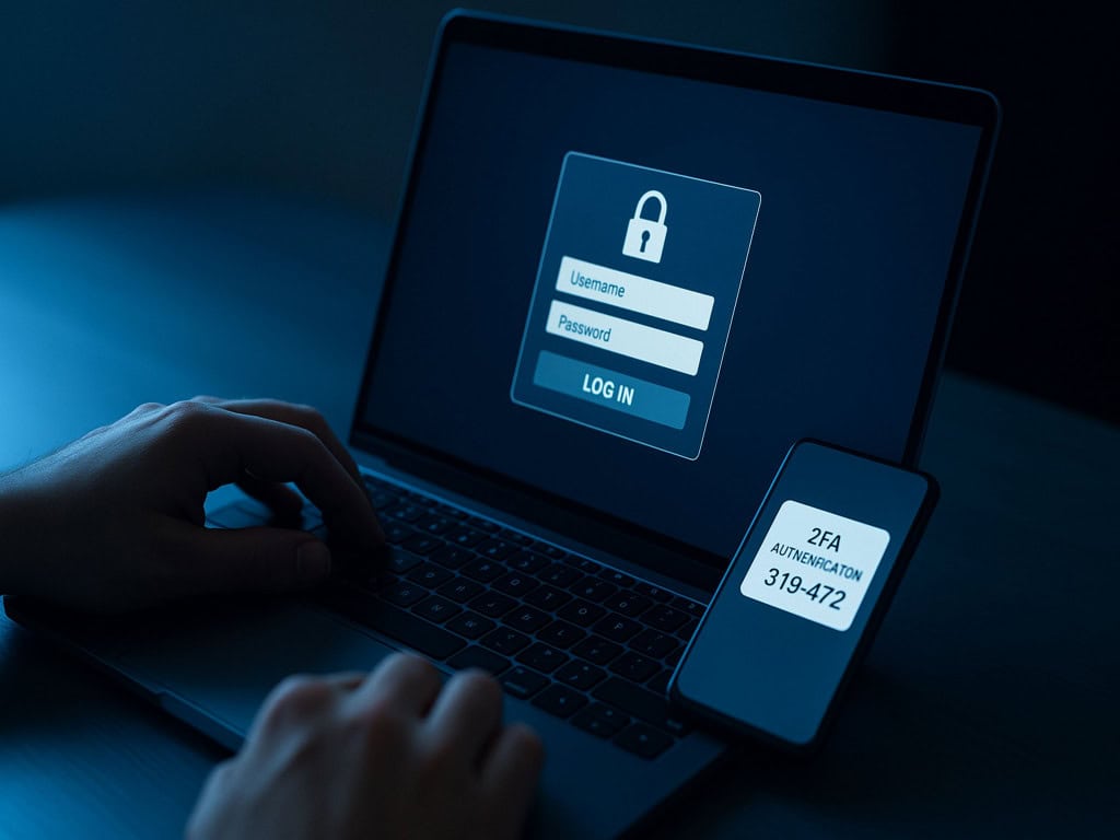 Pessoa digitando em laptop com tela de login exibindo campos de usuário e senha e ícone de cadeado, enquanto smartphone ao lado mostra código de autenticação de dois fatores (2FA), simbolizando segurança digital