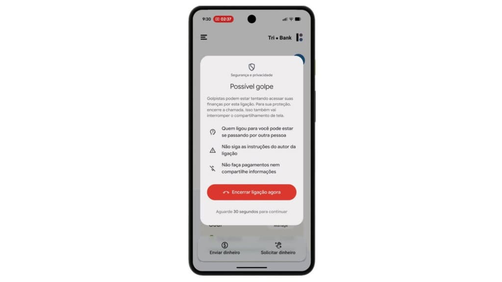 Montagem mostrando alerta do Google, no Android, sobre golpe em chamada de vídeo