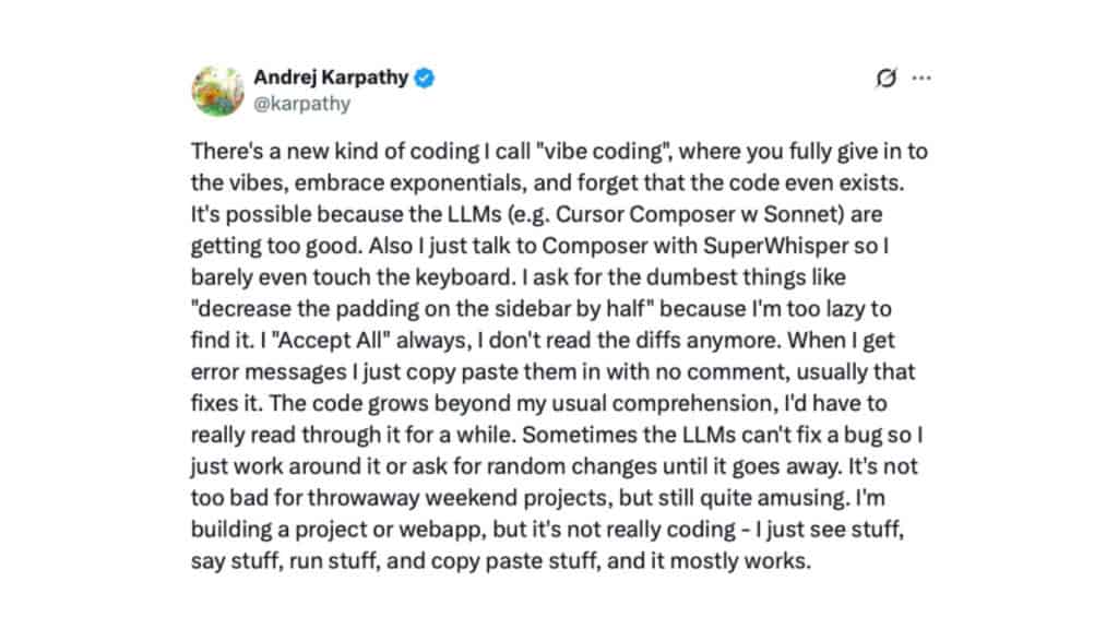 Captura de tela de primeira postagem no X sobre vibe coding