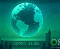 Ilustração de holograma do planeta Terra em apresentação na COP30 em Belém