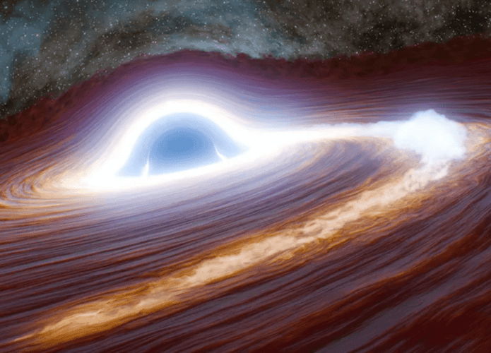 Ilustração da maior e mais distante erupção de buraco negro já vista. (Crédito da imagem: Caltech/R. Hurt (IPAC))