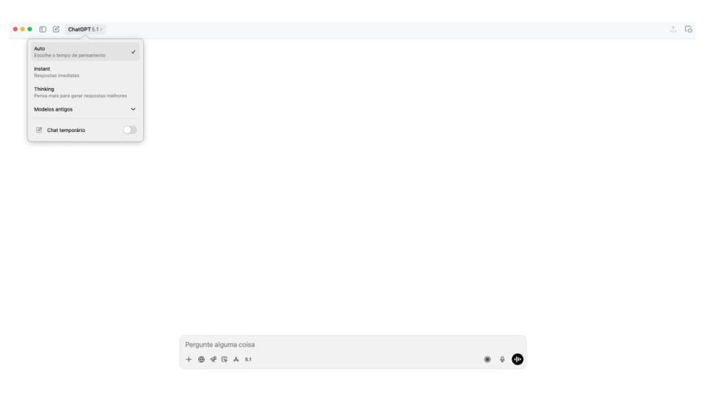 Captura de tela mostrando seletor de modelos GPT 5.1 no ChatGPT no Mac