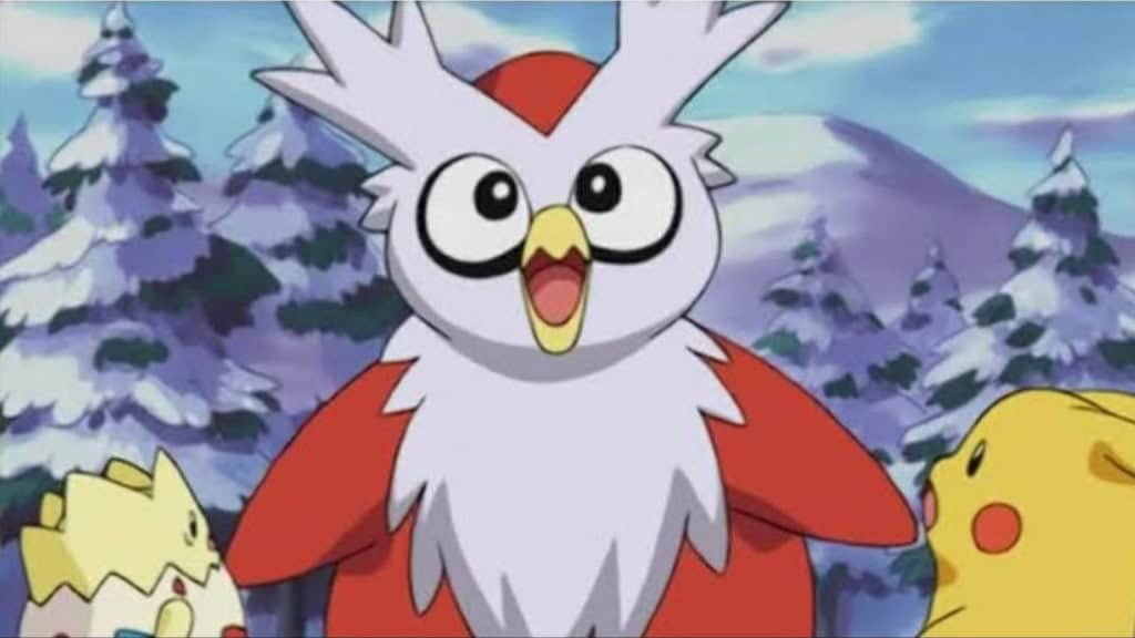 Pokémon Delibird centralizado em cenário de neve, com Togepi ao seu lado direto e Pikachu ao lado esquerdo.