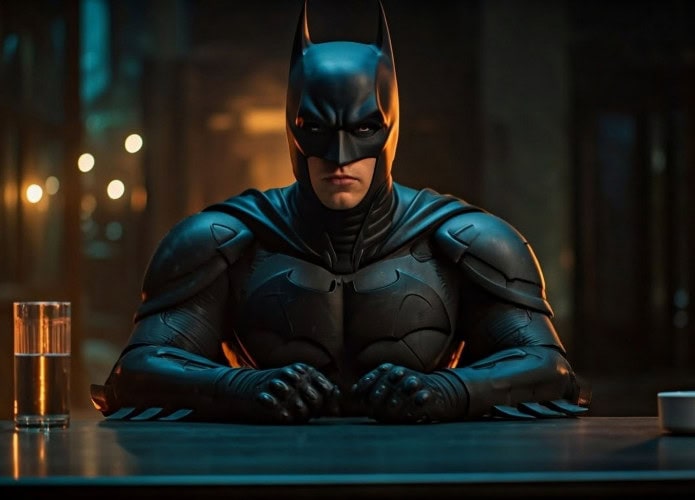 Batman sentado em um balcão olhando seriamente para frente