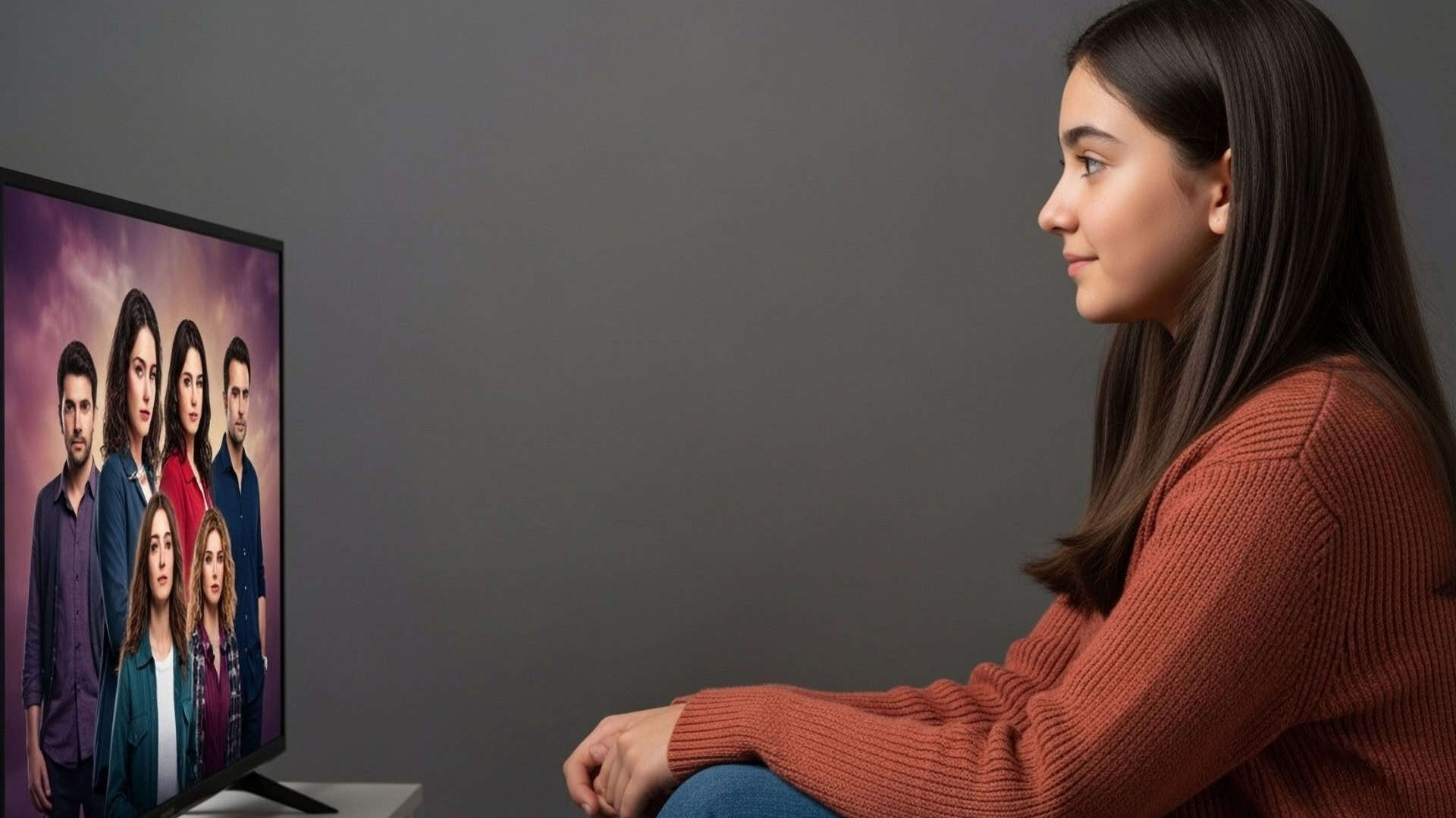 Uma pessoa sentada no chão observa atentamente a TV, que mostra sete figuras em pé sob um céu dramático, sugerindo cena de série ou filme.