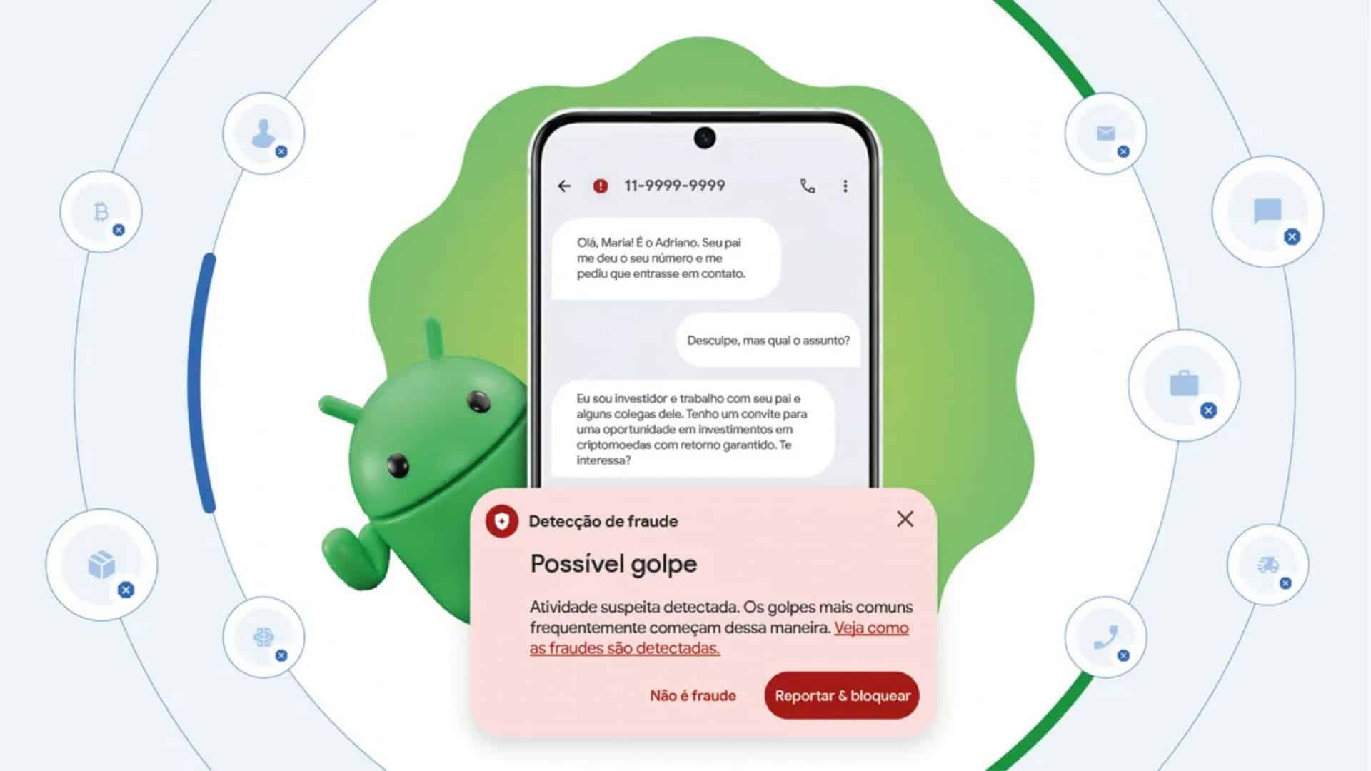 Ilustração de alerta emitido pelo Android mediante suspeita de golpe durante chamada de vídeo