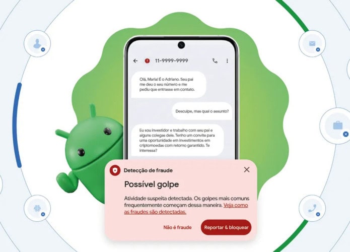 Ilustração de alerta emitido pelo Android mediante suspeita de golpe durante chamada de vídeo