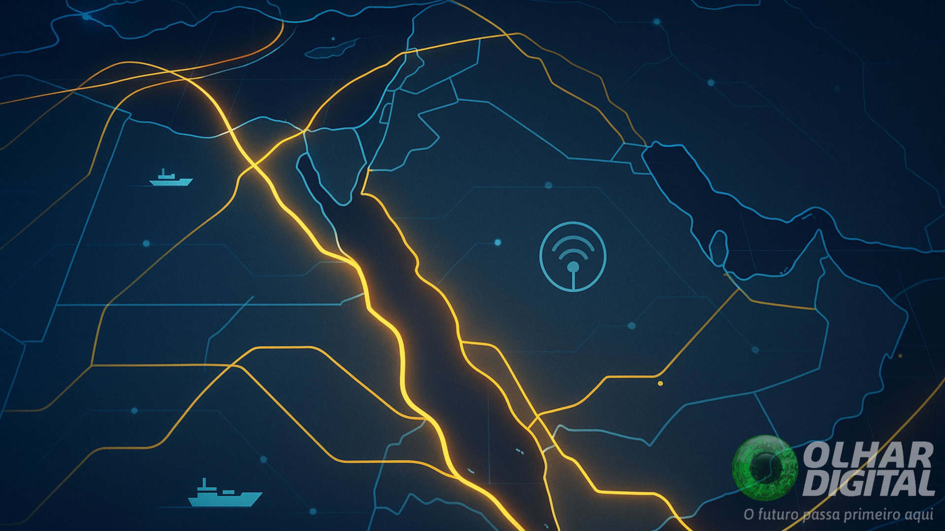Ilustração de mapa de cabos submarinos de internet de big techs no Mar Vermelho