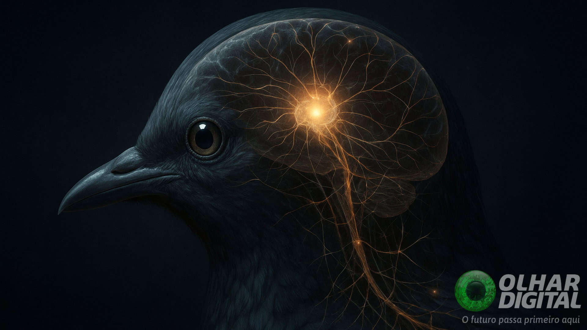 Ilustração de ave de lado com cérebro à mostra, em visão raio-X, com ponto luminoso dentro