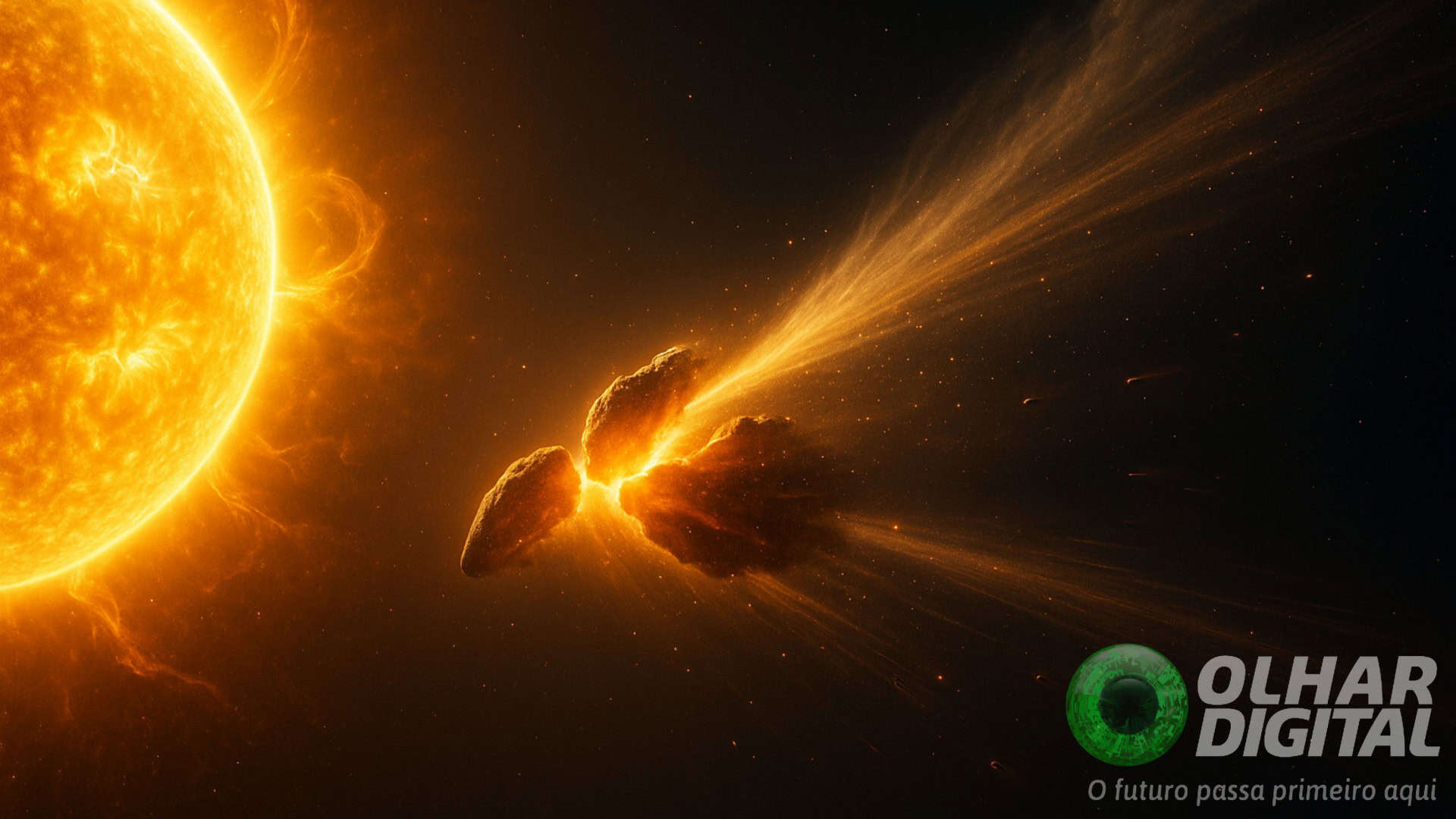 Ilustração de cometa quebrando em três partes ao passar perto do Sol