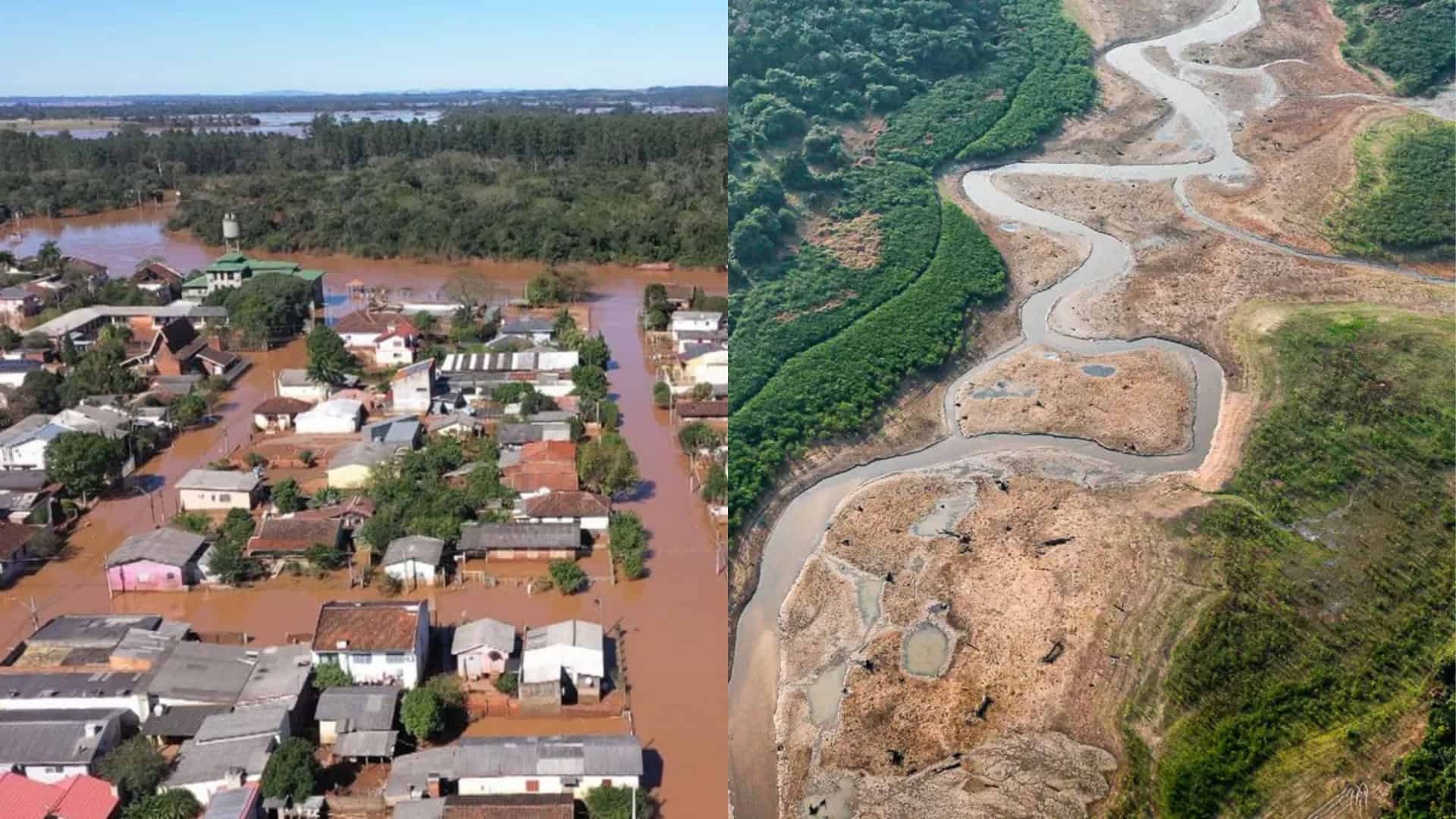 Montagem com fotos de visão aérea de bairro inundado e leito de rio durante seca