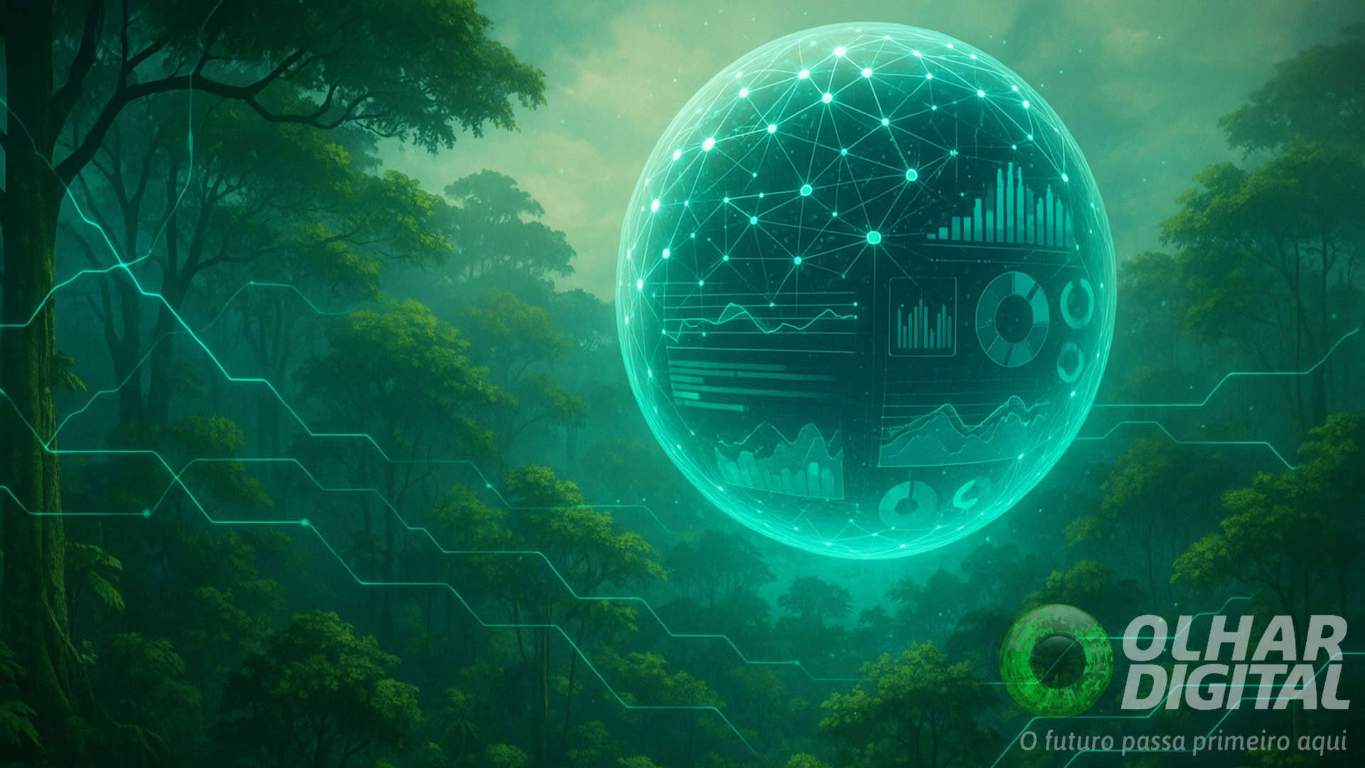 Ilustração de um holograma redondo enorme no meio da floresta