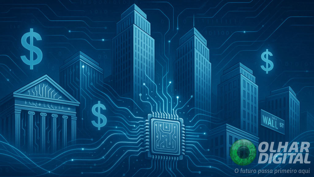 Ilustração de chip de inteligência artificial (IA) em Wall Street para representar investimentos em tecnologia
