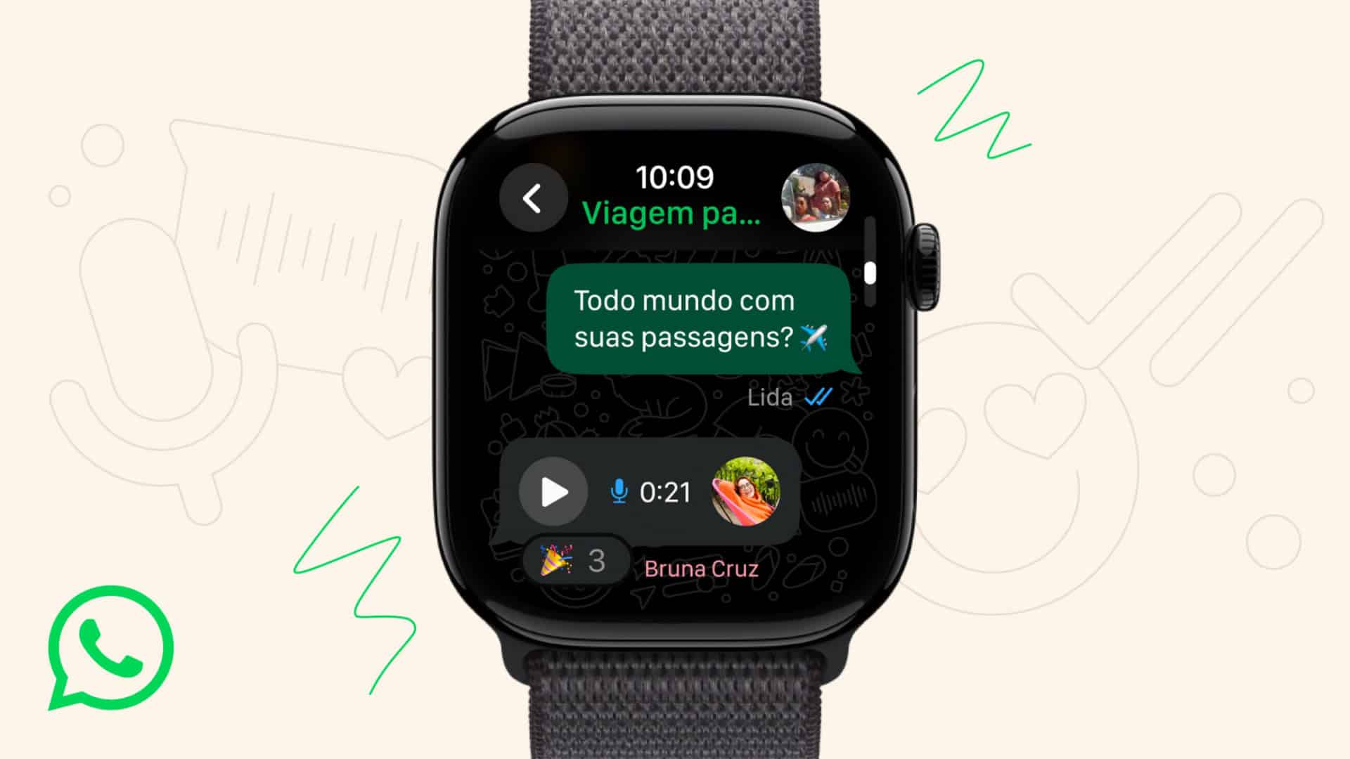 Montagem mostrando áudio em novo WhatsApp para Apple Watch