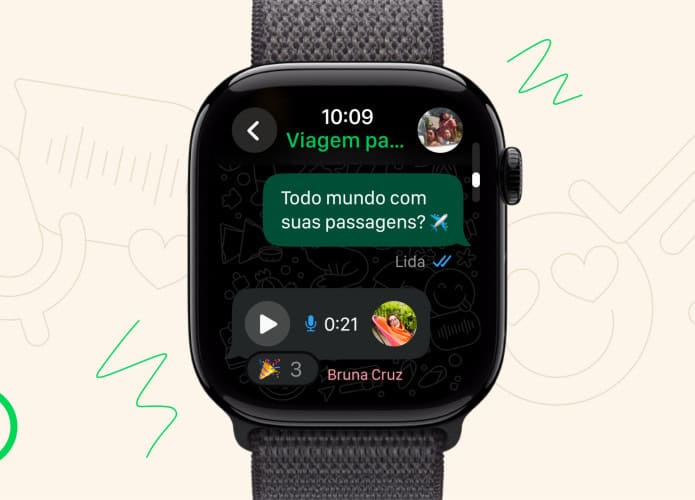 Montagem mostrando áudio em novo WhatsApp para Apple Watch