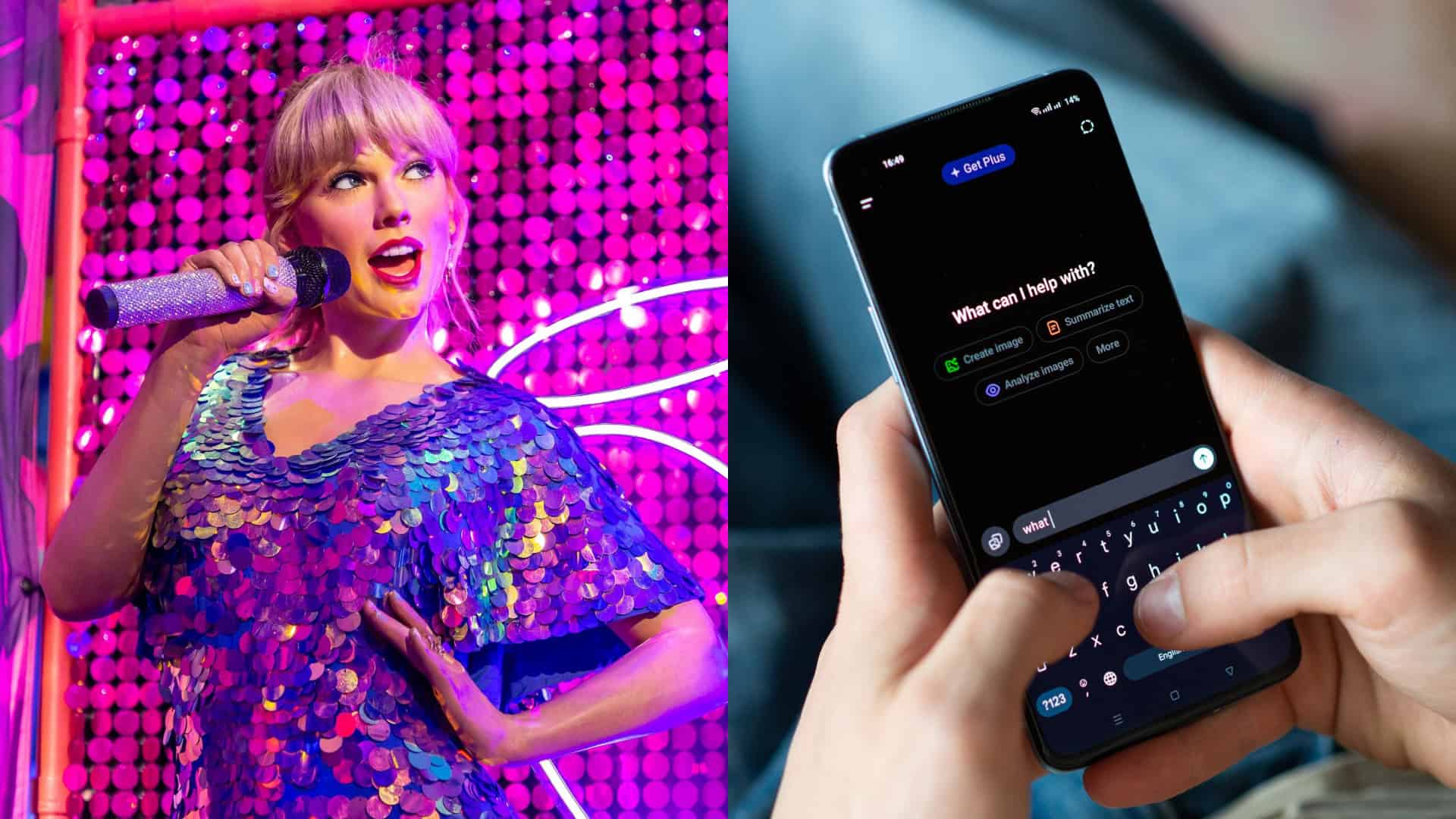 Montagem com imagens de Taylor Swift e de pessoa usando ChatGPT no celular