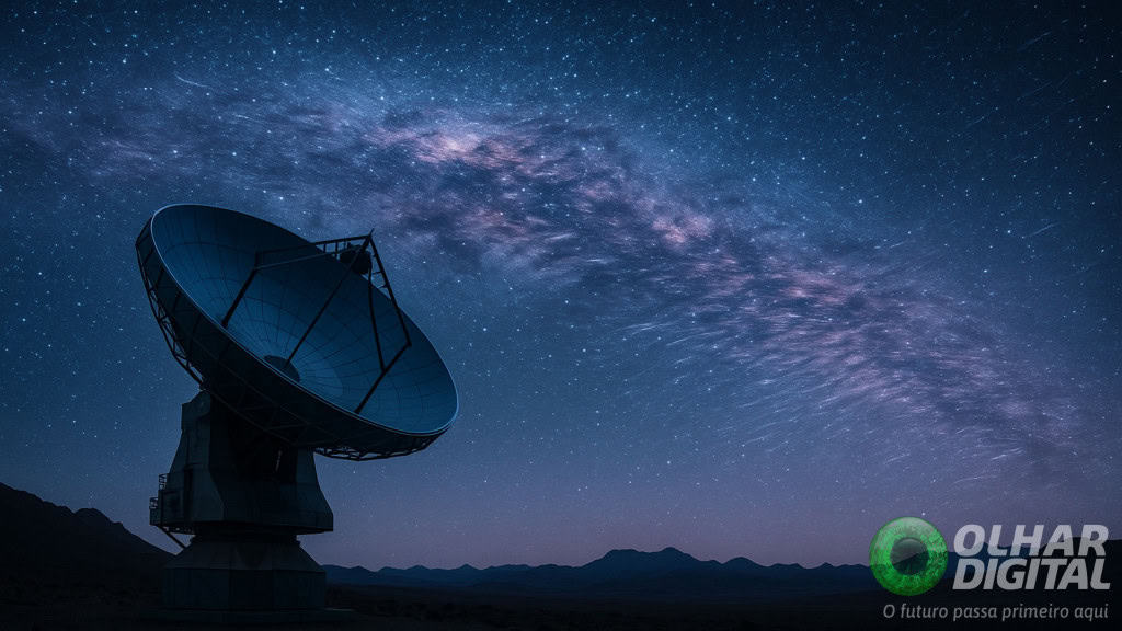 Ilustração de telescópio no Atacama apontando para céu estrelado mostrando Via Láctea