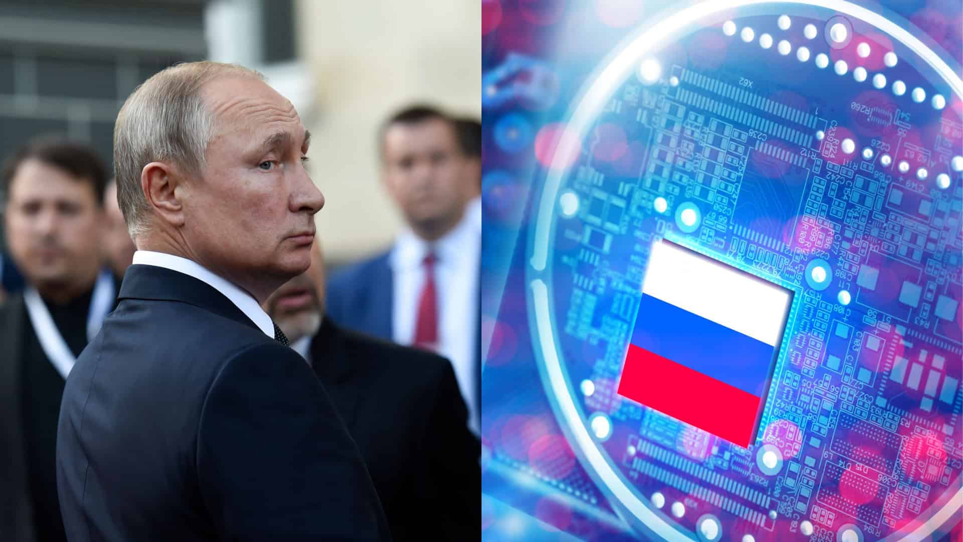 Montagem com imagens de Vladimir Putin e de chip da Rússia