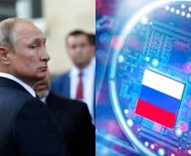 Montagem com imagens de Vladimir Putin e de chip da Rússia