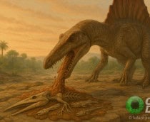 Ilustração de dinossauro vomitando ossos de dinossauro e peixes