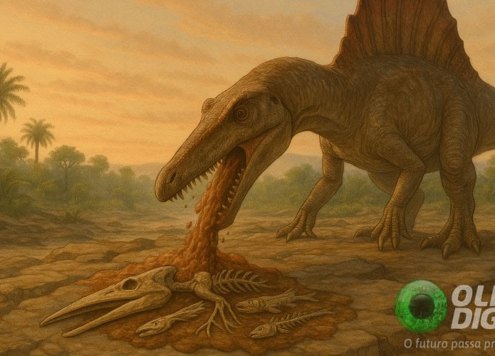 Ilustração de dinossauro vomitando ossos de dinossauro e peixes