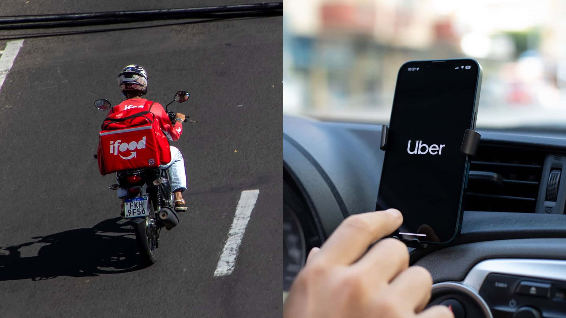 Montagem com imagens de motoboy fazendo entrega para iFood e motorista acessando aplicativo do Uber dentro de carro