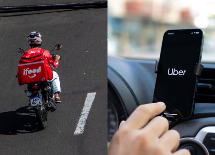Montagem com imagens de motoboy fazendo entrega para iFood e motorista acessando aplicativo do Uber dentro de carro