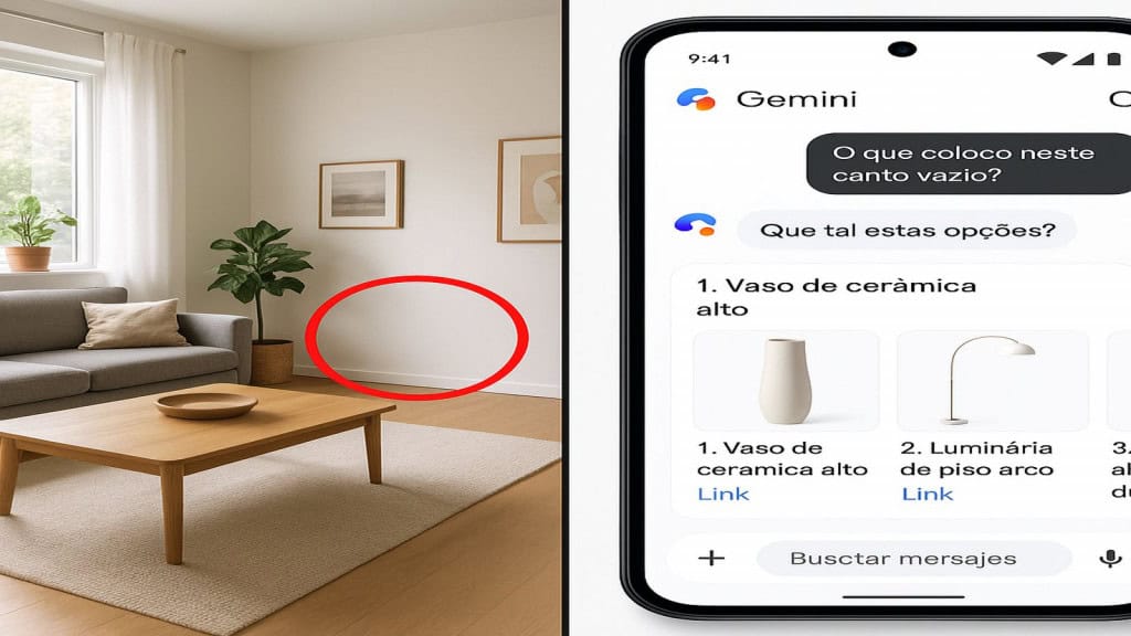 Montagem dividida em duas partes: à esquerda, uma foto de uma sala de estar moderna com um círculo vermelho destacando um canto vazio; à direita, uma interface de chat do Google Gemini em um celular, mostrando sugestões de vasos e luminárias para preencher o espaço destacado na foto ao lado