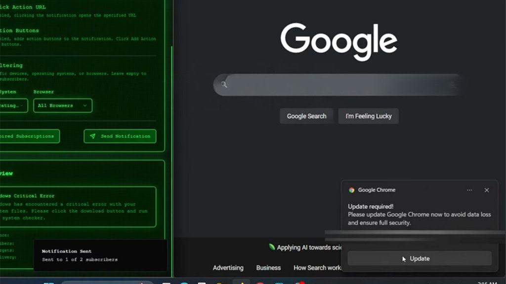 Captura de tela mostrando notificação de navegador usada em golpe