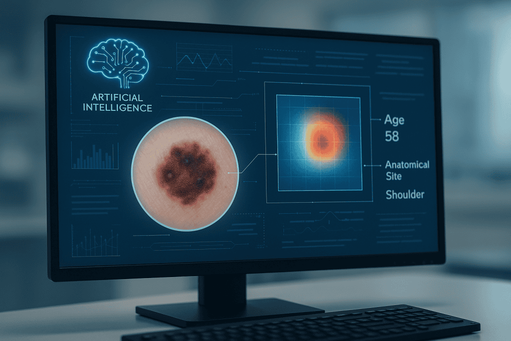 Tela de computador mostrando inteligência artificial (IA) analisando imagem de melanoma, tipo de câncer de pele