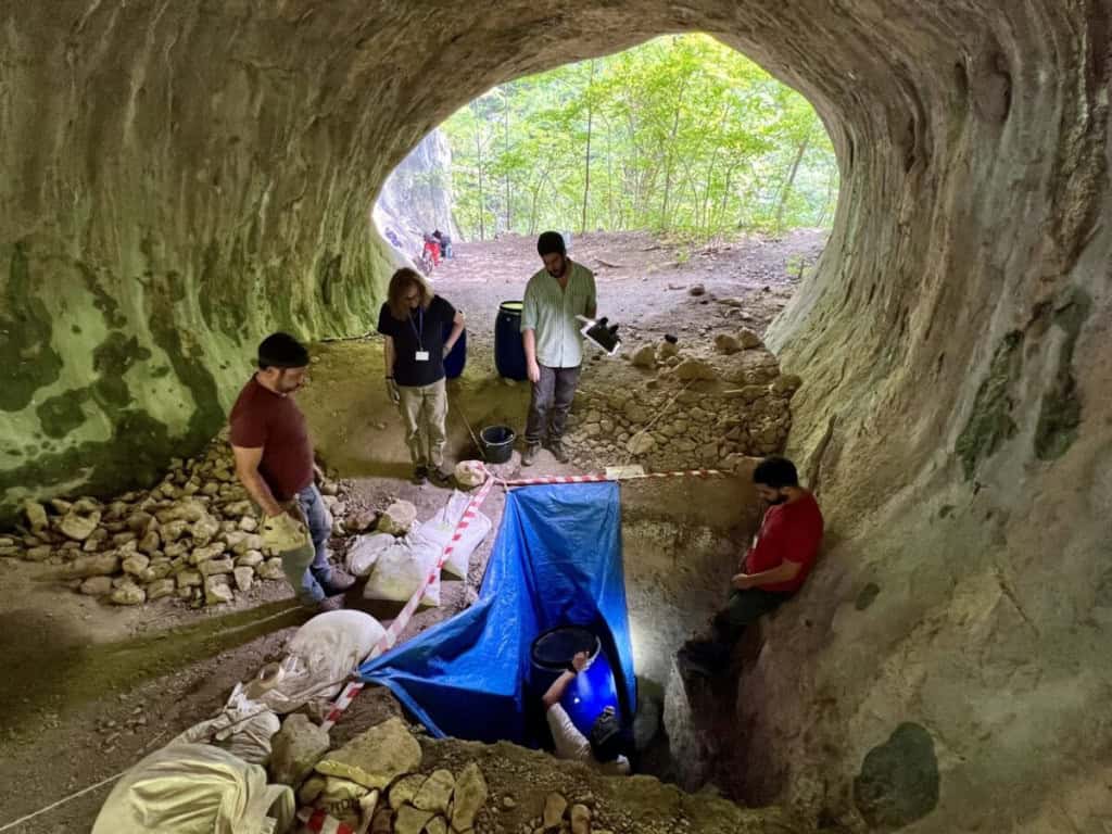 Pesquisadores brasileiros trabalham na escavação da caverna Tatarului, na Romênia, em agosto de 2025