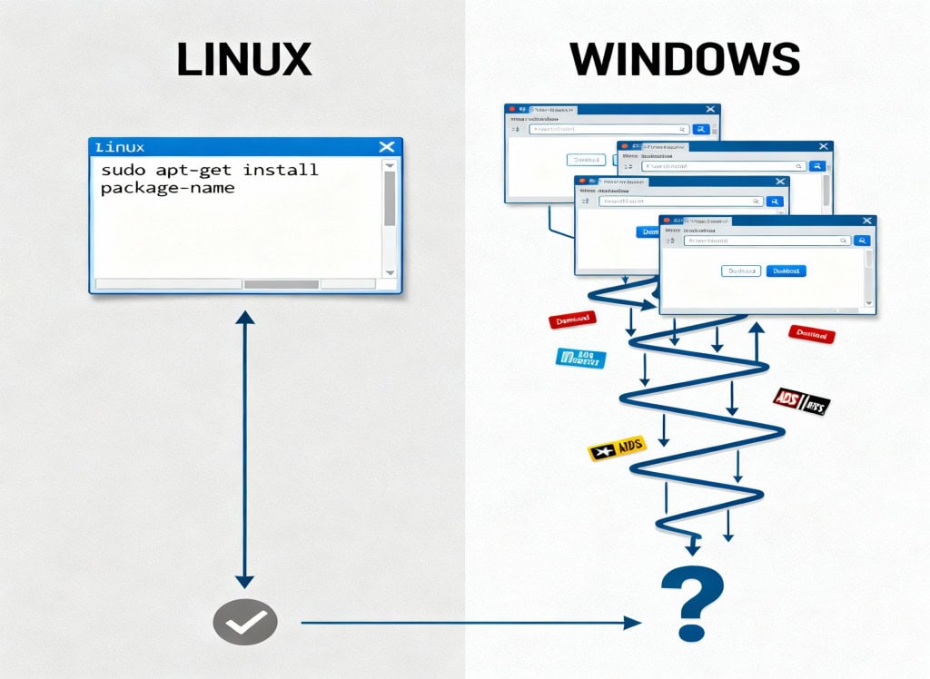 Ilustração que mostra comparação visual do processo de instalação simplificado no Linux (um comando) versus múltiplos cliques no Windows (navegação confusa em múltiplos sites)