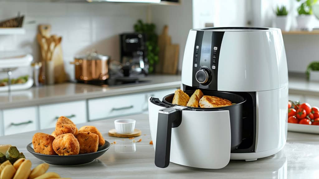foto de air fryer branca em cima da bancada com frituras