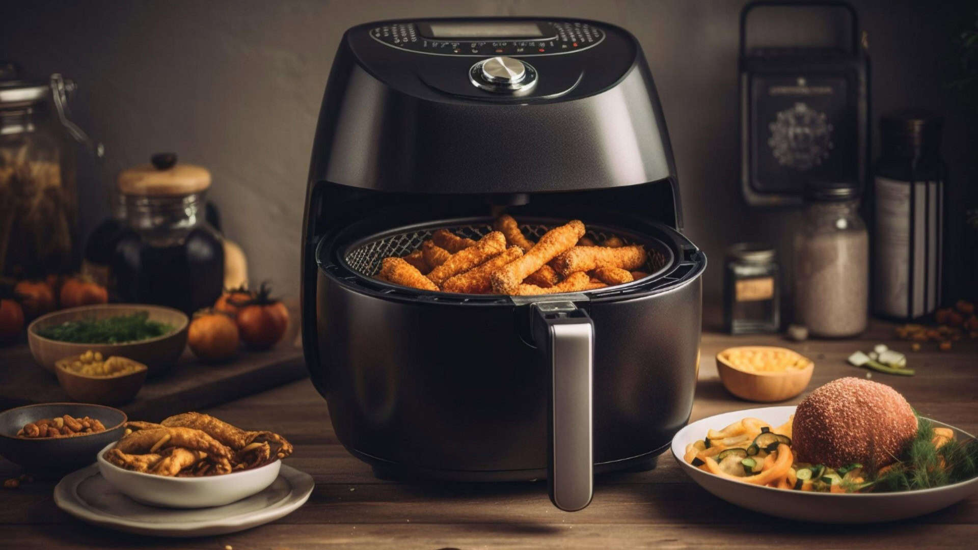 foto de air fryer preta em cima da bancada com frituras