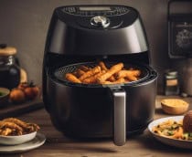 foto de air fryer preta em cima da bancada com frituras
