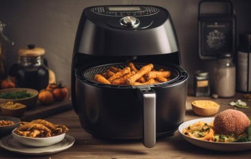 foto de air fryer preta em cima da bancada com frituras
