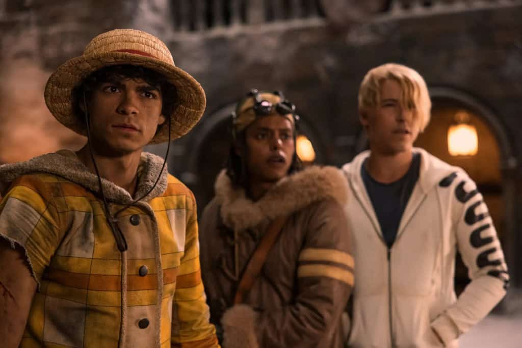 Iñaki Godoy como Monkey D. Luffy, Jacob Romero como Usopp, Taz Skylar como Sanji no live action de One Piece na Netflix