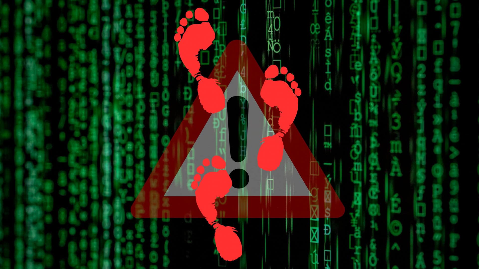 Fundo com ícones digitais, sinal de alerta e marca de pegadas.