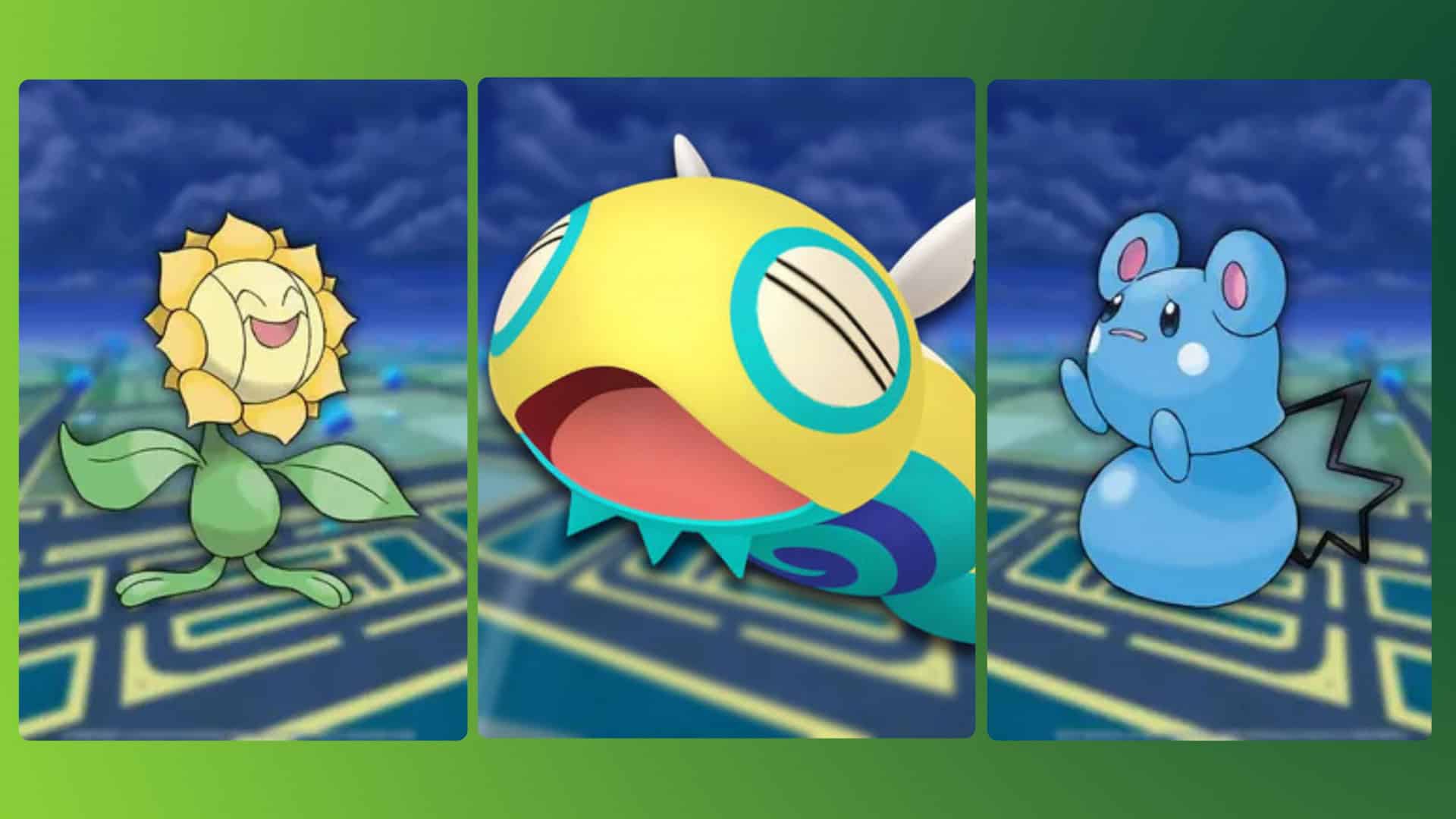 Montagem em fundo verde com três Pokémons, da direita para a esquerda: Sunflora, Dunsparce e Azurill.