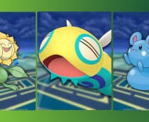 Montagem em fundo verde com três Pokémons, da direita para a esquerda: Sunflora, Dunsparce e Azurill.