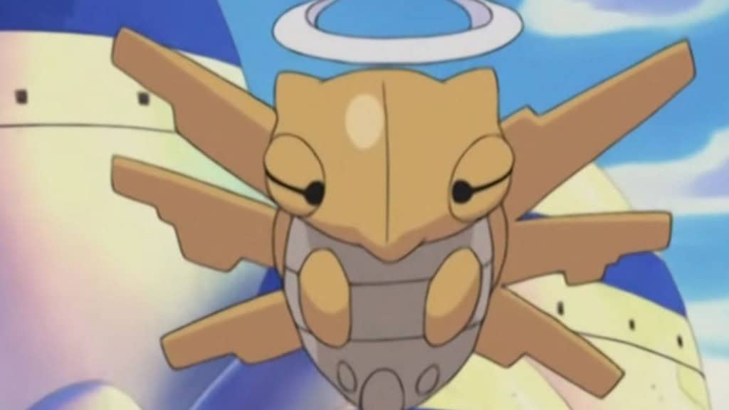 Pokémon Shedinja flutuando no céu