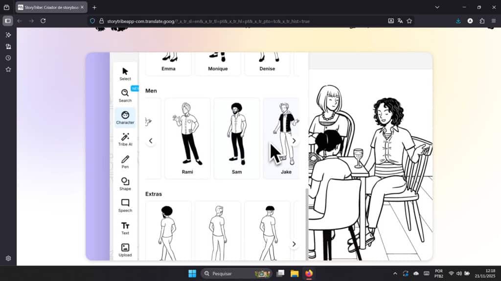Captura de Tela do site StoryTribe, mostrando possibilidades de cenário e personagens.