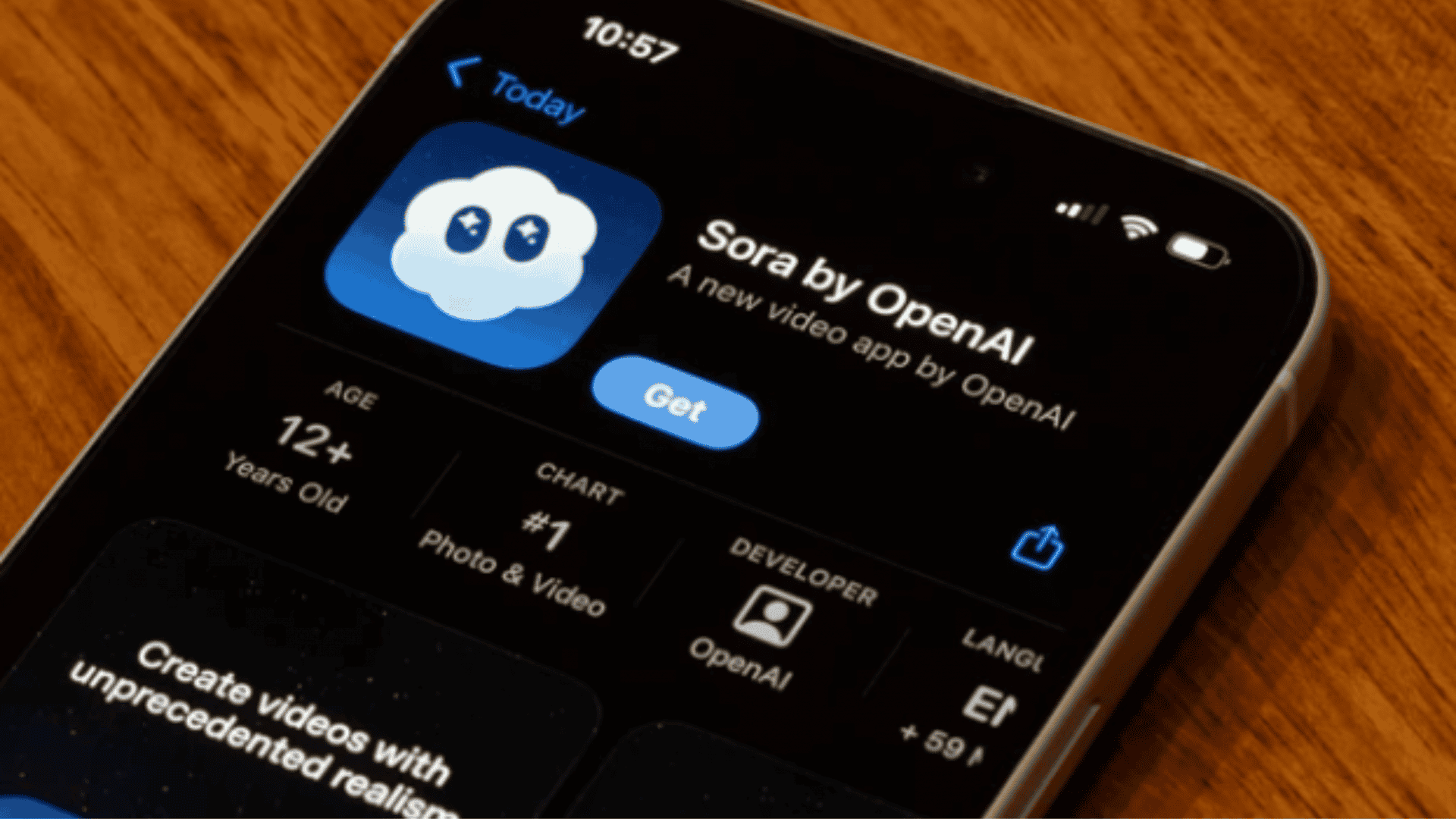 imagem de celular com a página de download do aplicativo SORA