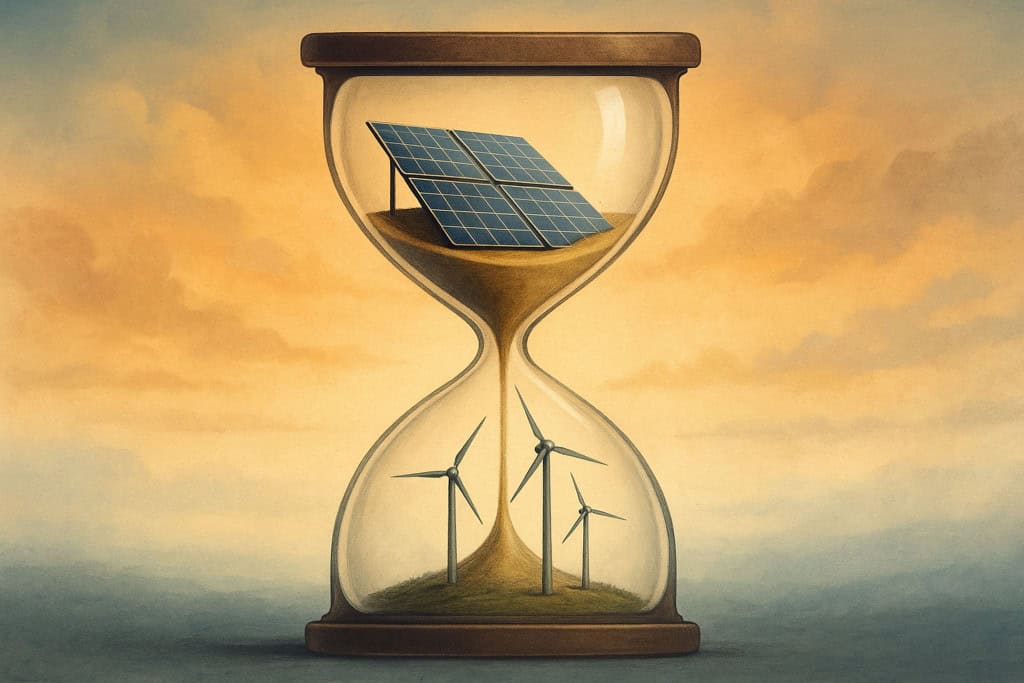 Relógio de areia com painéis solares e turbinas eólicas em seu interior, simbolizando o tempo que se esgota para a transição energética global